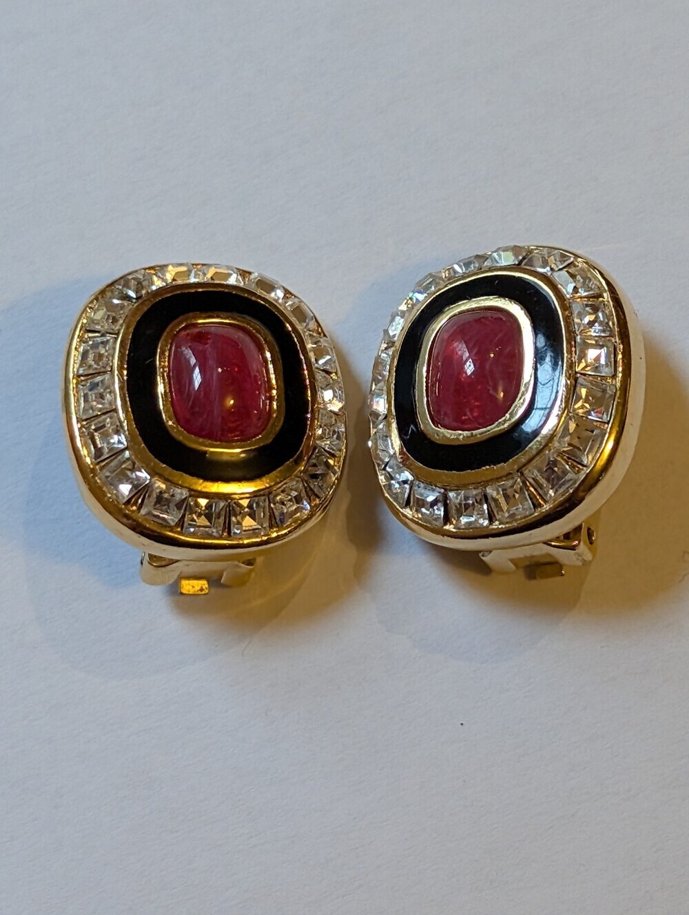 Vintage Christian Dior 1980s Clip-On Earrings Ruby Red Cabochon Black Enamel